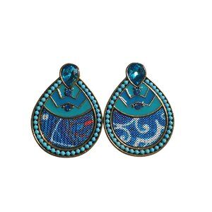 Blue Teardrop Stud Earrings Boho Beach Core Beaded Edge Gold Tone Art Deco Style
